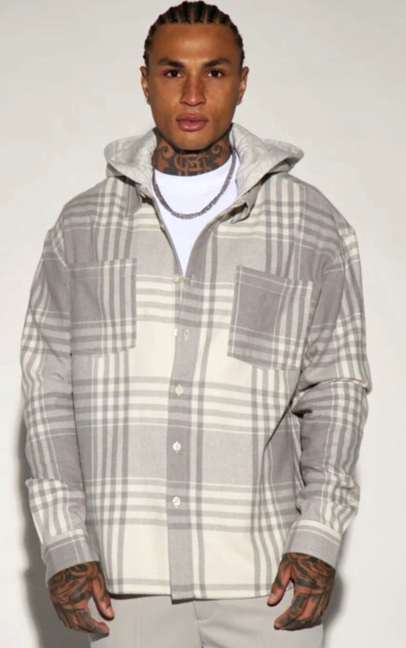 Nova Men Men's Gray Plaid Flannel Hooded Oversized Button-Up Shacket 3XL
